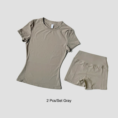 Sports Sets Fitness Hip-lifting Tight Top Short Sleeve Running Workout Gym Shorts Tracksuits For Women Breathable Sports Suits