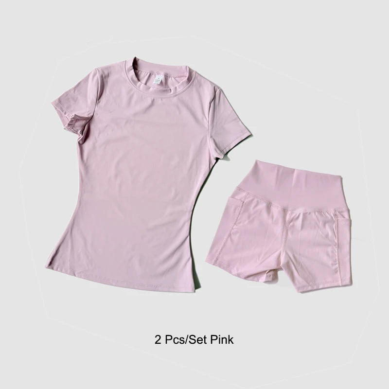 Sports Sets Fitness Hip-lifting Tight Top Short Sleeve Running Workout Gym Shorts Tracksuits For Women Breathable Sports Suits