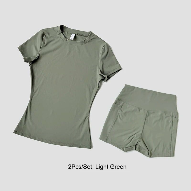 Sports Sets Fitness Hip-lifting Tight Top Short Sleeve Running Workout Gym Shorts Tracksuits For Women Breathable Sports Suits